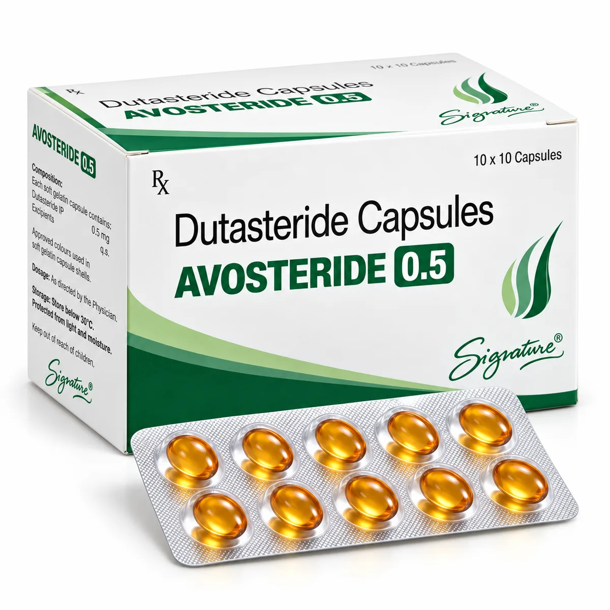 Avosteride 0.5mg dutasteride capsules box and blister pack product shot