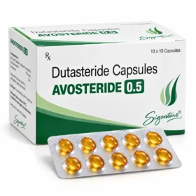 Avosteride 0.5mg dutasteride capsules box with golden softgel blister pack by Signature