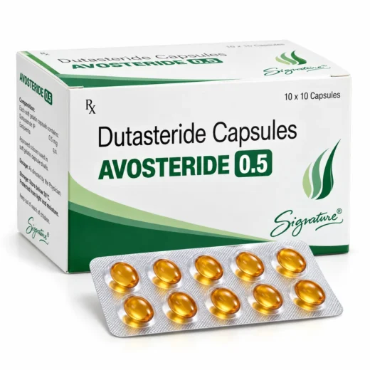 Avosteride 0.5mg dutasteride capsules box with golden softgel blister pack by Signature