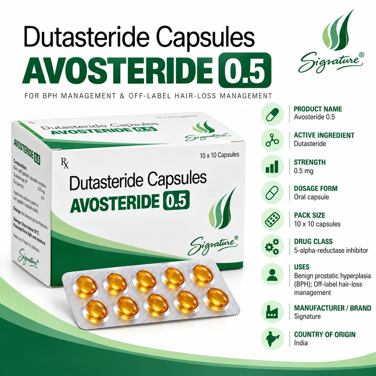 Avosteride 0.5mg dutasteride capsules product information showing strength uses pack size and brand
