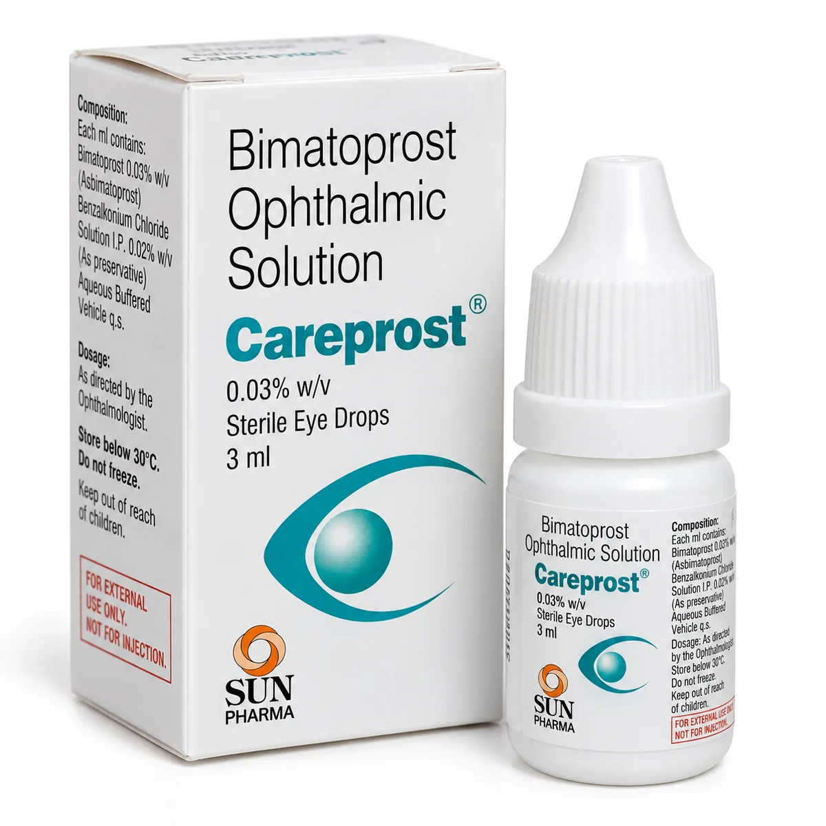 Careprost 0.03% bimatoprost eye drops 3ml box and bottle by Sun Pharma