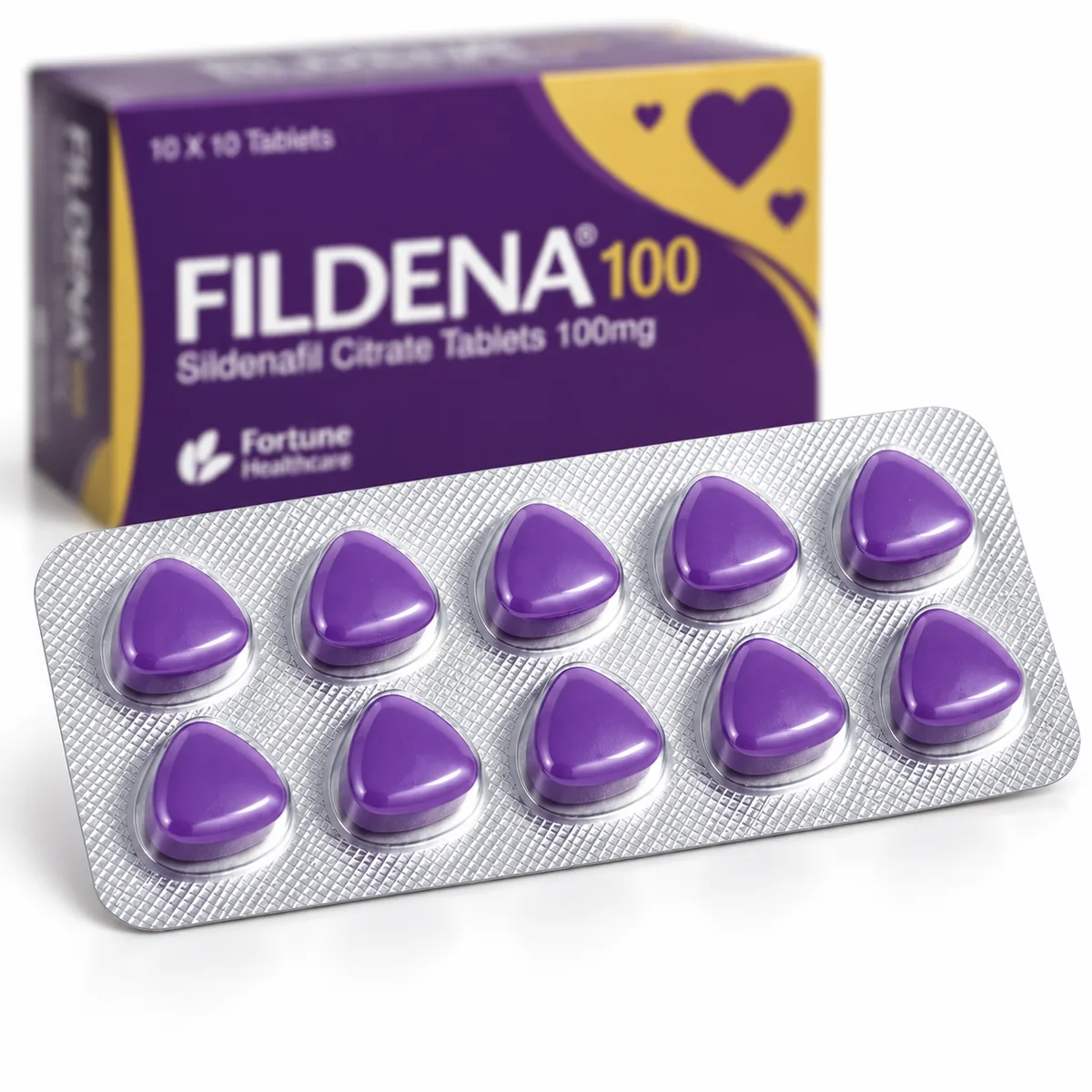 Fildena 100mg sildenafil tablets box and blister pack by Fortune Healthcare