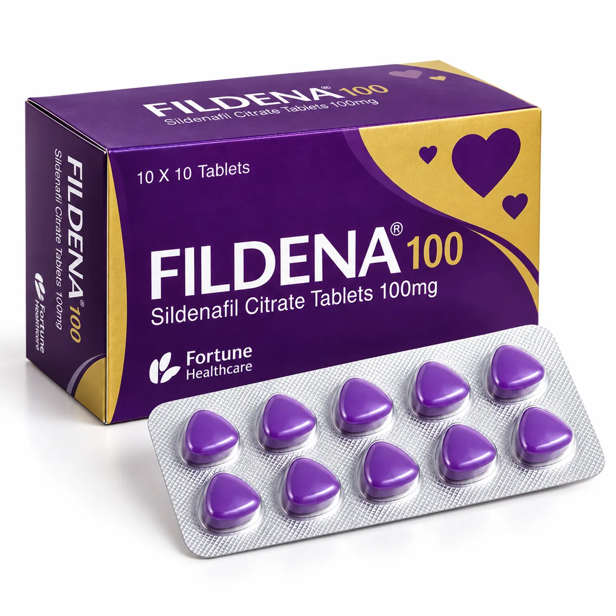 Fildena 100mg sildenafil tablet blister pack with purple triangular tablets