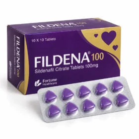 Fildena 100mg sildenafil tablets box with purple tablet blister pack by Fortune Healthcare