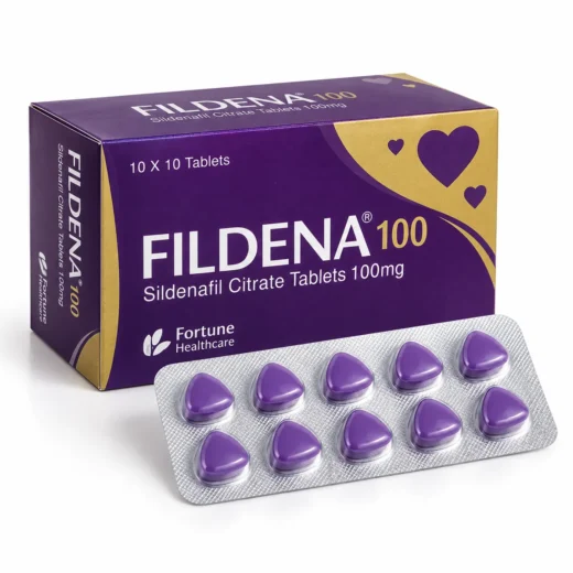 Fildena 100mg sildenafil tablets box with purple tablet blister pack by Fortune Healthcare