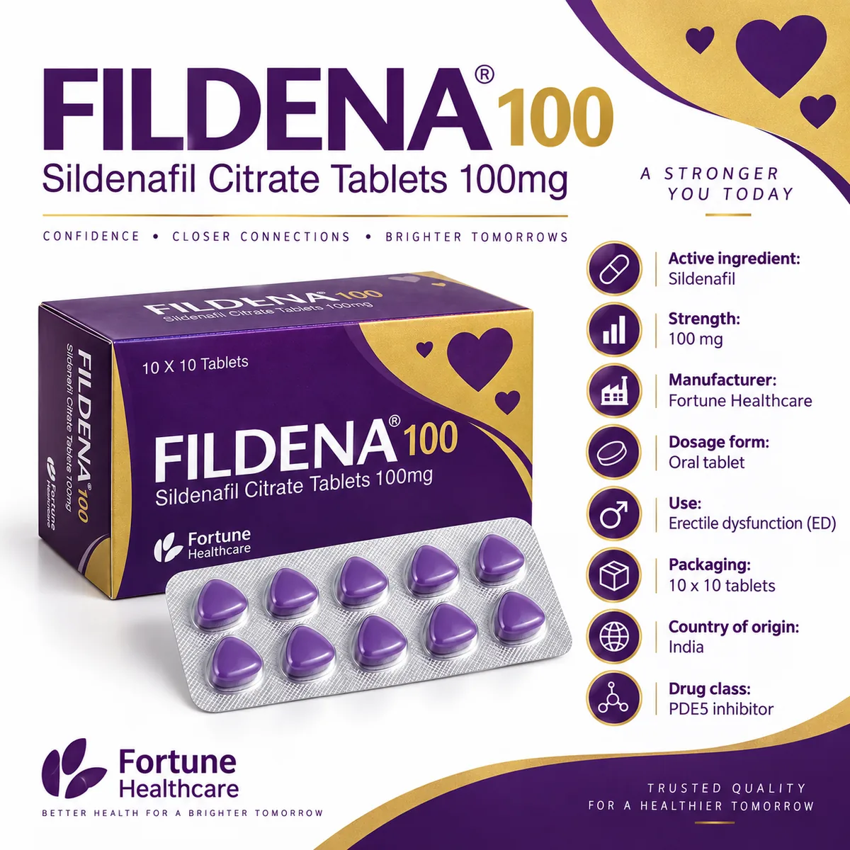 Fildena 100mg sildenafil tablets product information with strength and manufacturer details