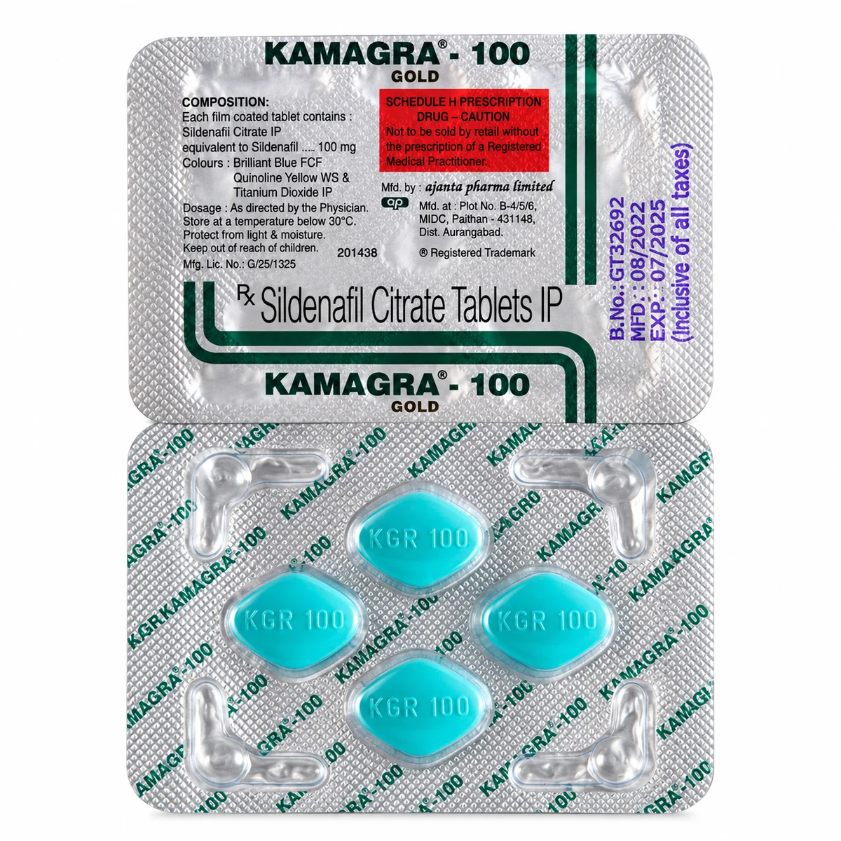Kamagra Gold 100mg sildenafil blister pack with four blue tablets