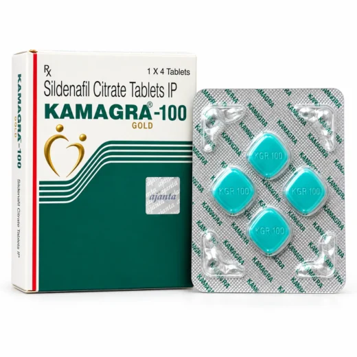Kamagra Gold 100mg sildenafil tablets box with blister pack by Ajanta Pharma