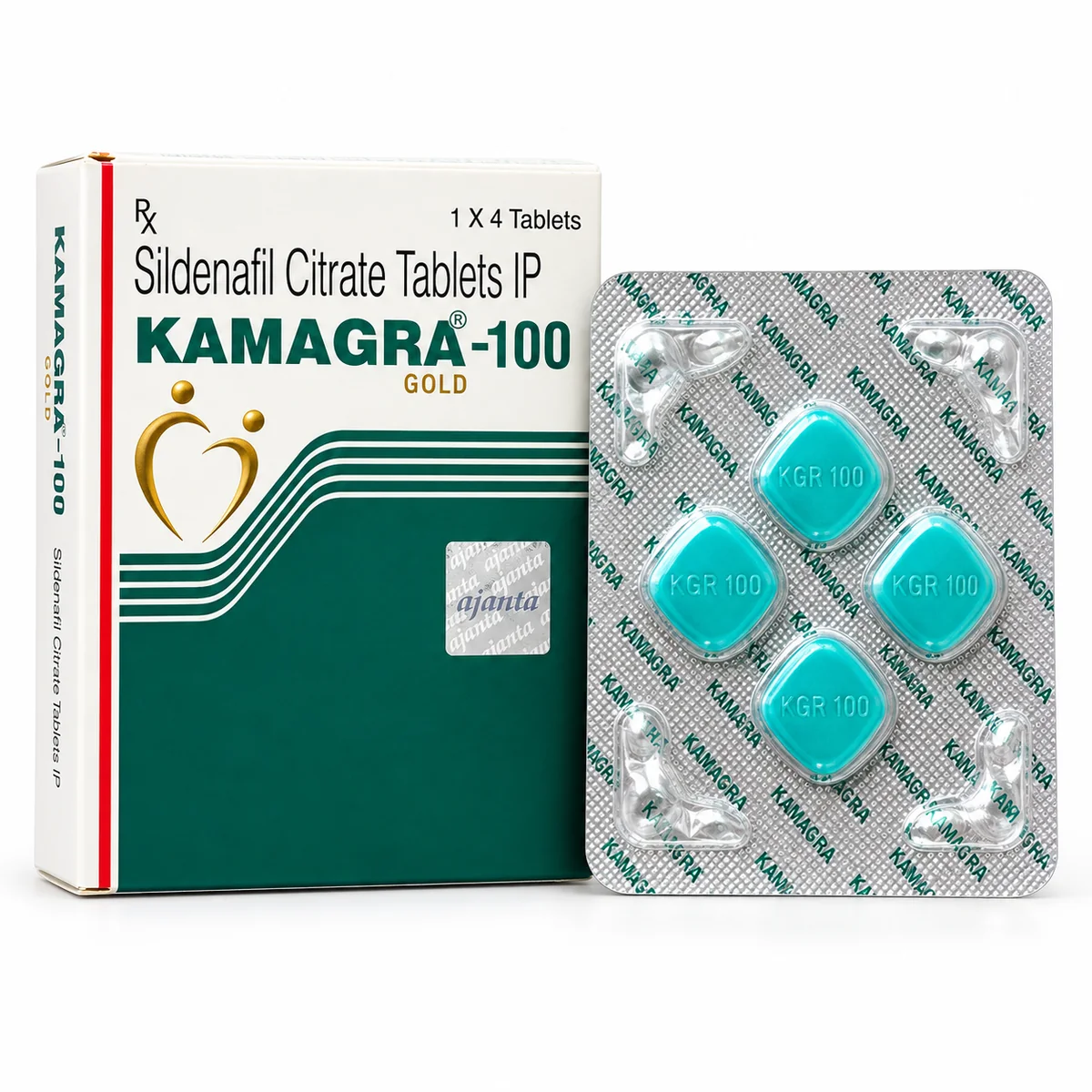 Kamagra Gold 100mg sildenafil tablets box with blister pack by Ajanta Pharma