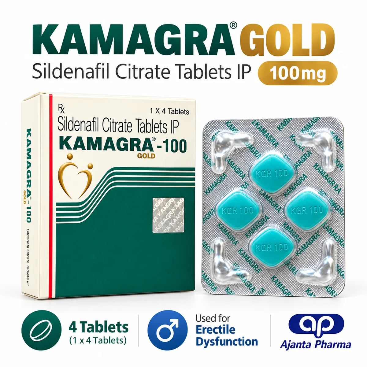 Kamagra Gold 100mg product information showing sildenafil strength pack size manufacturer and use