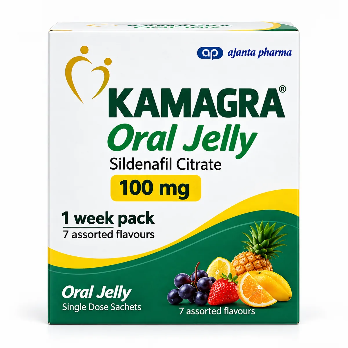 Kamagra Oral Jelly 100mg sildenafil front packaging by Ajanta Pharma