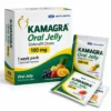 Kamagra Oral Jelly 100mg sildenafil box with assorted flavor sachets by Ajanta Pharma
