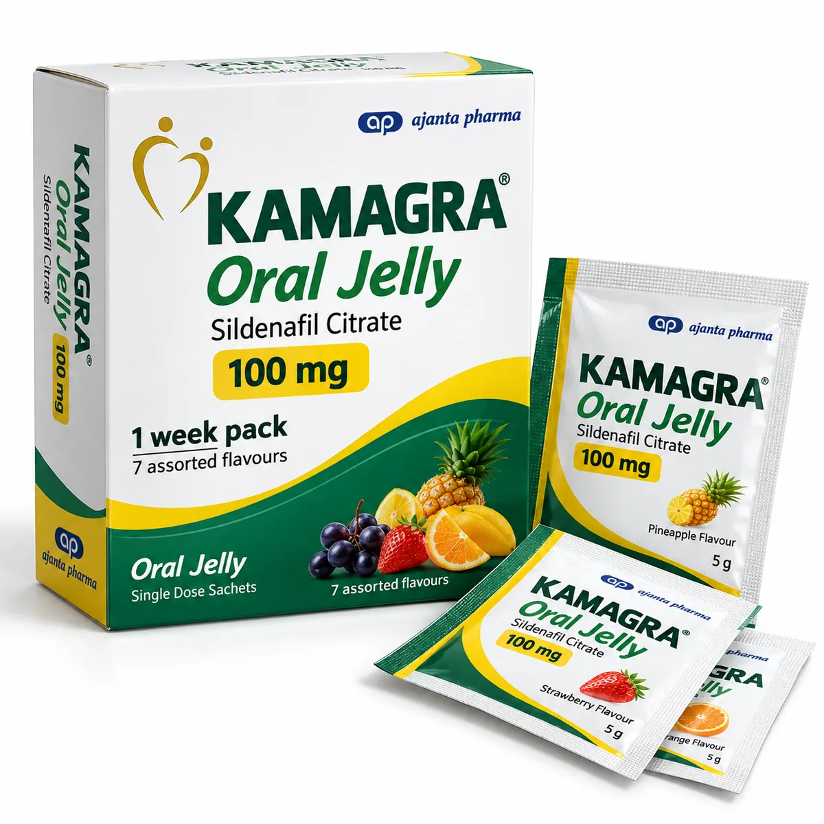 Kamagra Oral Jelly 100mg sildenafil box with assorted flavor sachets by Ajanta Pharma