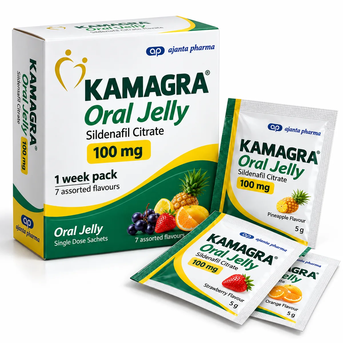 Kamagra Oral Jelly 100mg sildenafil box and flavor sachets packshot