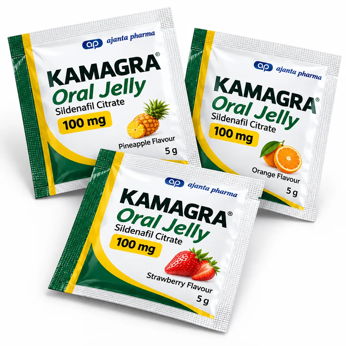 Kamagra Oral Jelly 100mg sildenafil assorted flavor sachets by Ajanta Pharma