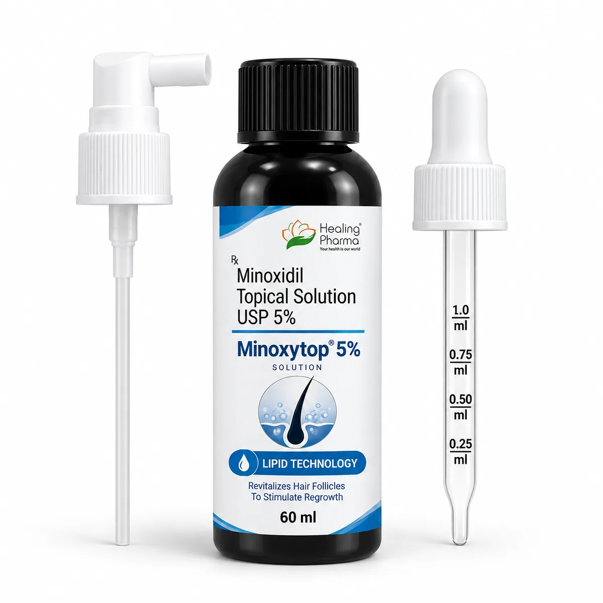 Minoxytop 5% minoxidil solution bottle with spray applicator and 1ml dropper
