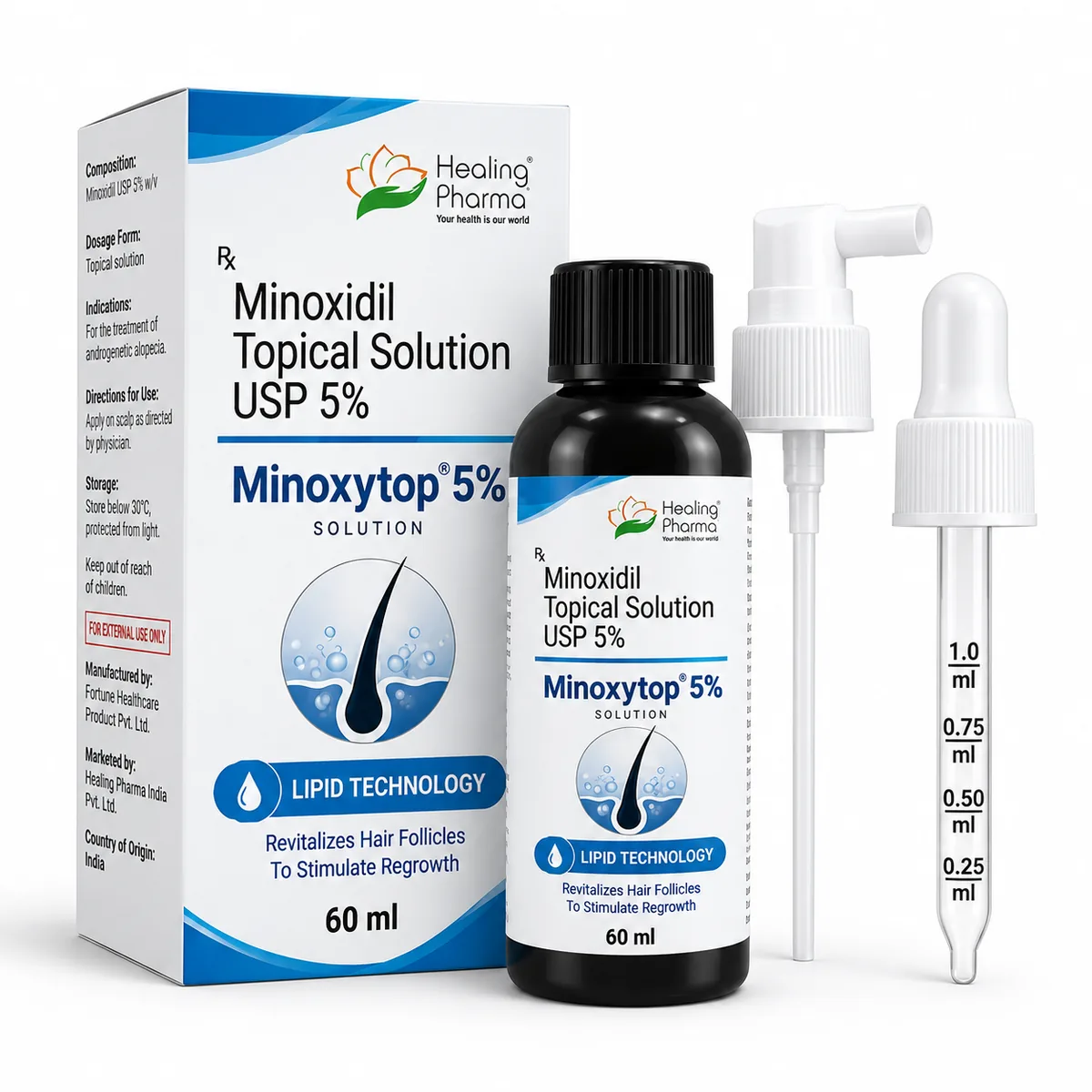Minoxytop 5% minoxidil solution 60ml box bottle spray and dropper packshot