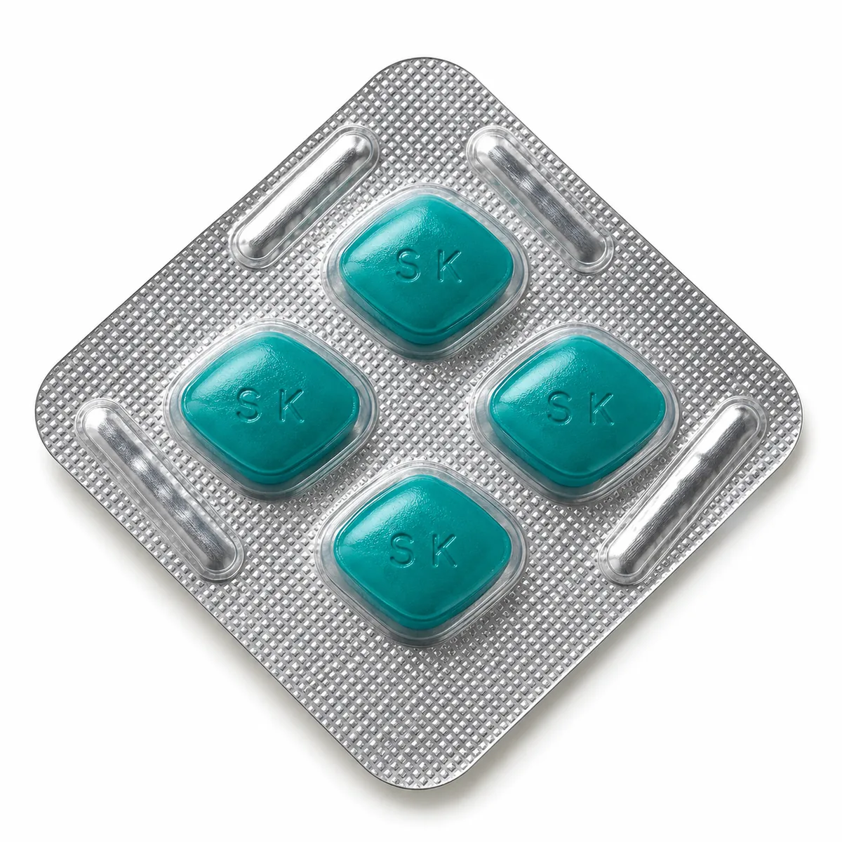 Super Kamagra blister pack with four teal sildenafil and dapoxetine tablets