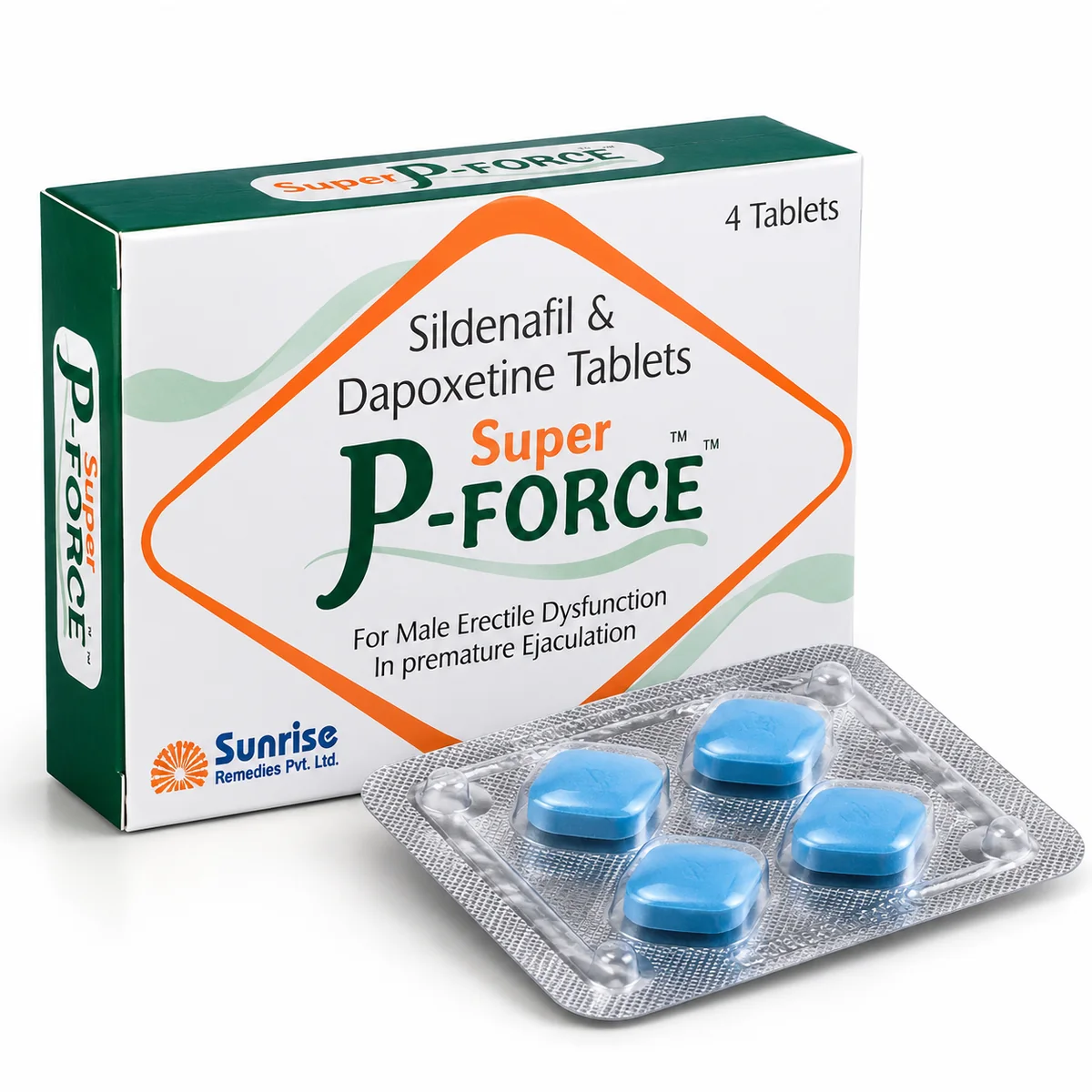 Super P Force sildenafil 100mg dapoxetine 60mg box and tablet blister pack