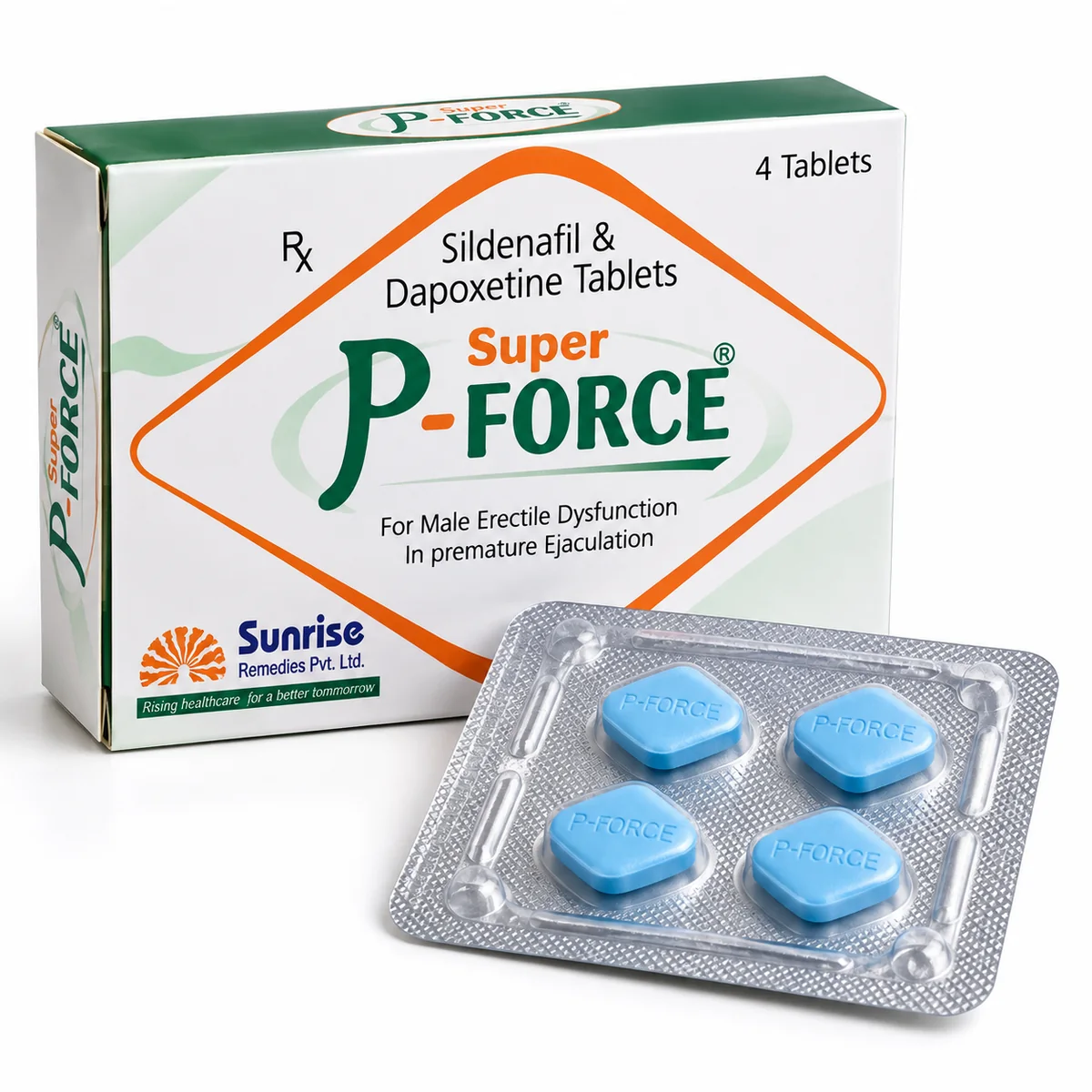 Super P Force sildenafil 100mg and dapoxetine 60mg tablets box with blister pack by Sunrise Remedies