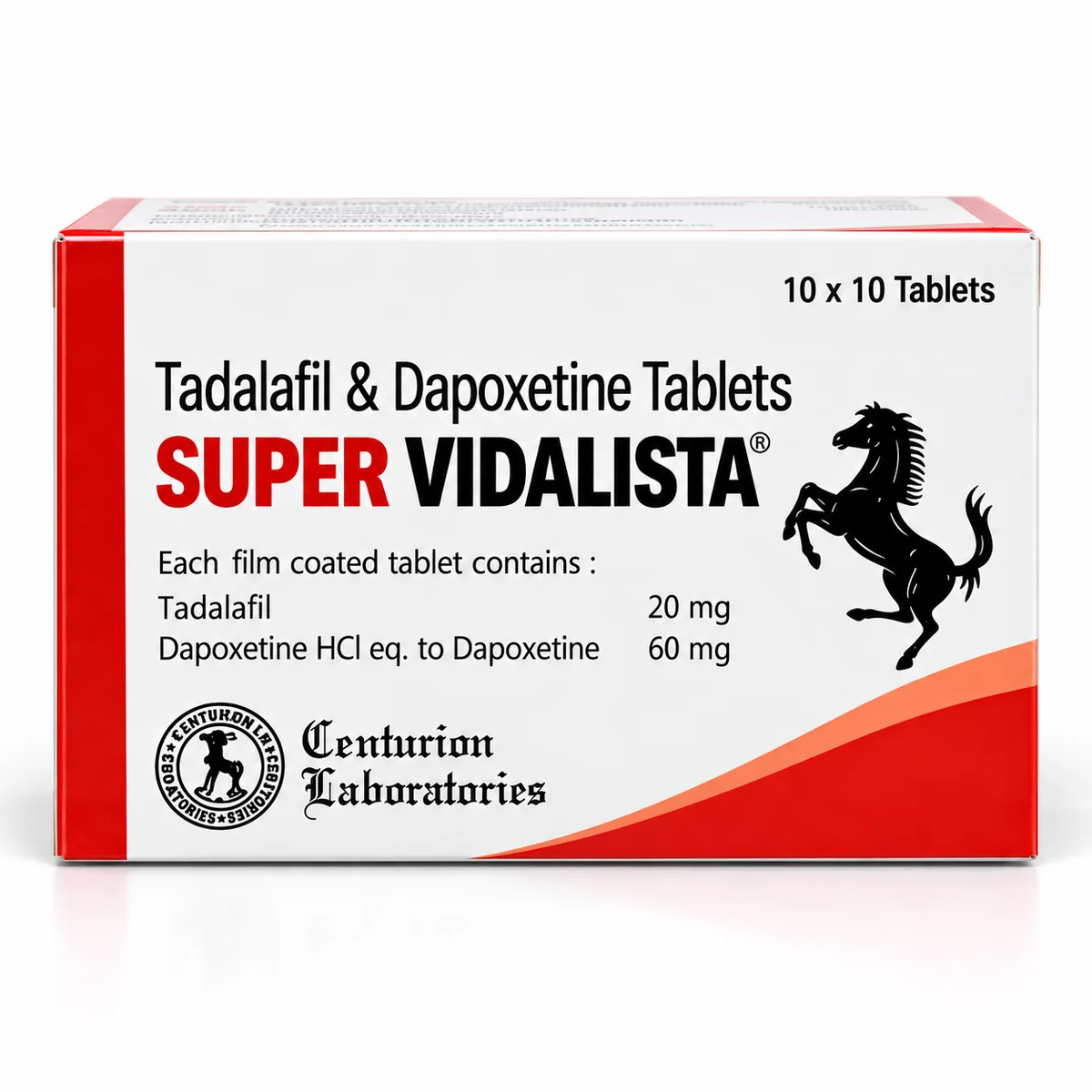 Super Vidalista tadalafil 20mg dapoxetine 60mg front packaging by Centurion Laboratories