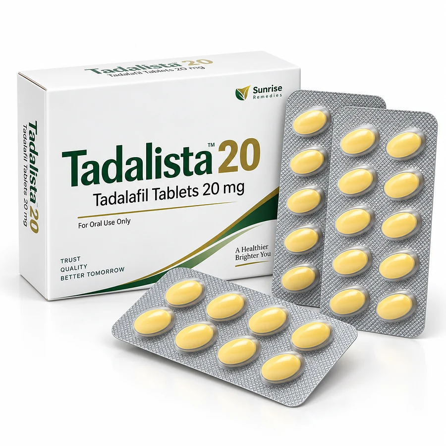 Tadalista 20mg tadalafil tablets box with multiple blister packs