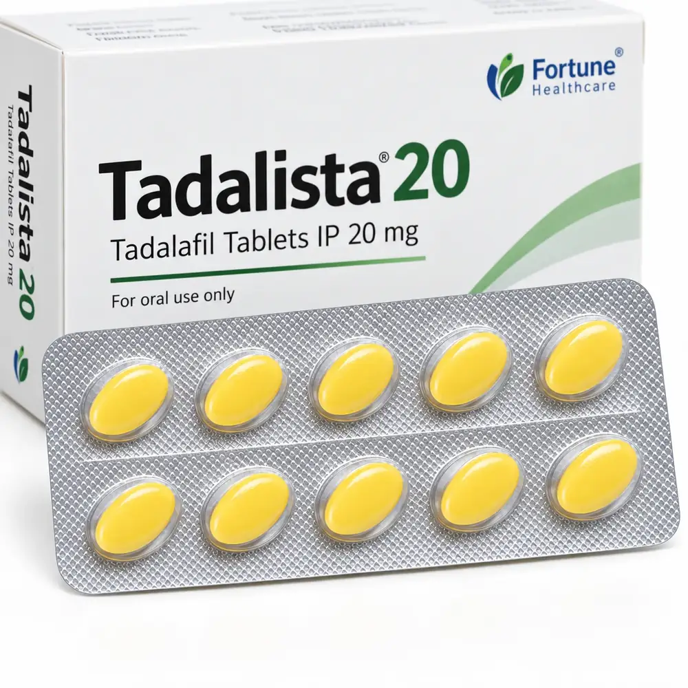 Tadalista 20mg tadalafil blister strip with 10 yellow oval tablets