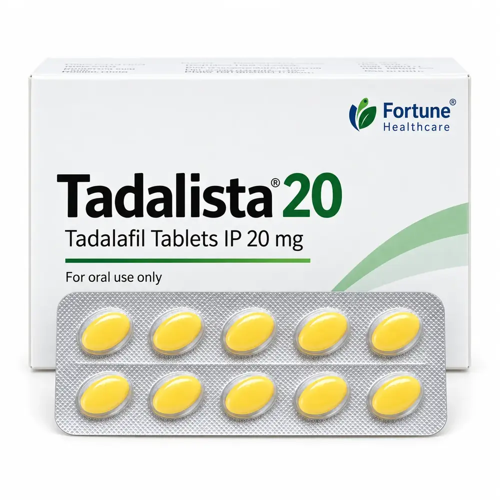 Tadalista 20mg tadalafil tablets front packaging with yellow tablets