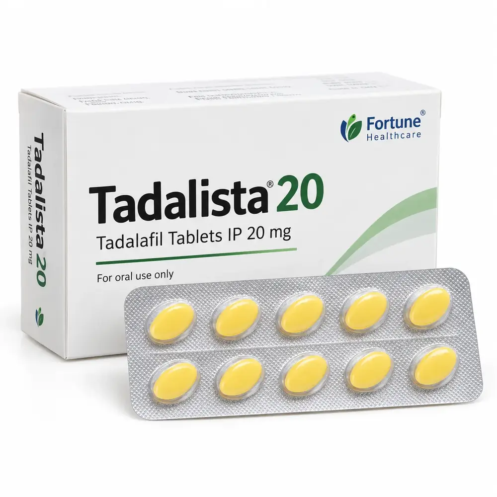 Tadalista 20mg tadalafil tablets box with 10-tablet blister pack