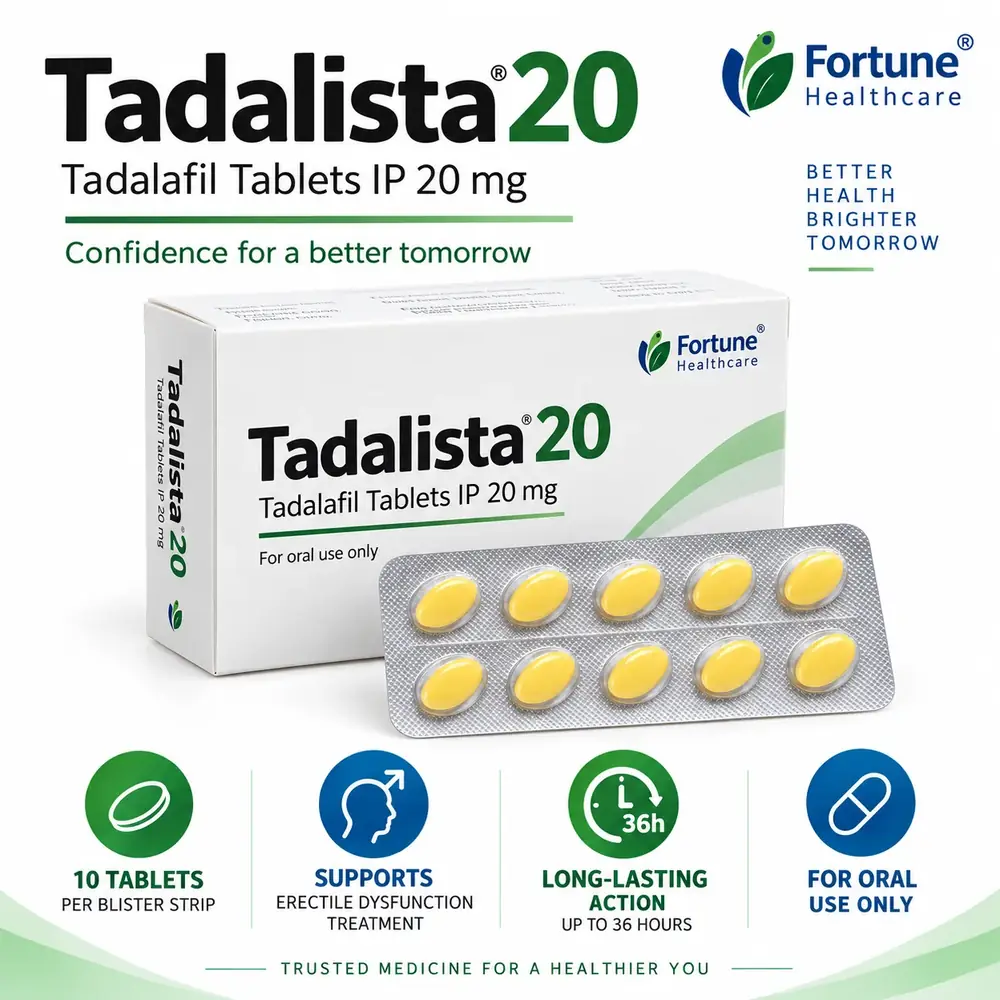 Tadalista 20mg tadalafil product information showing strength, use, onset and duration