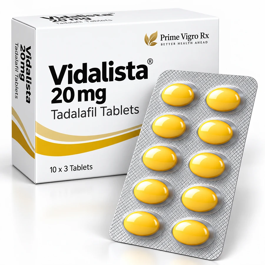 Vidalista 20mg tadalafil tablets blister pack and packaging closeup