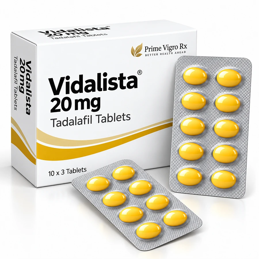 Vidalista 20mg tadalafil tablets front packaging and blister pack