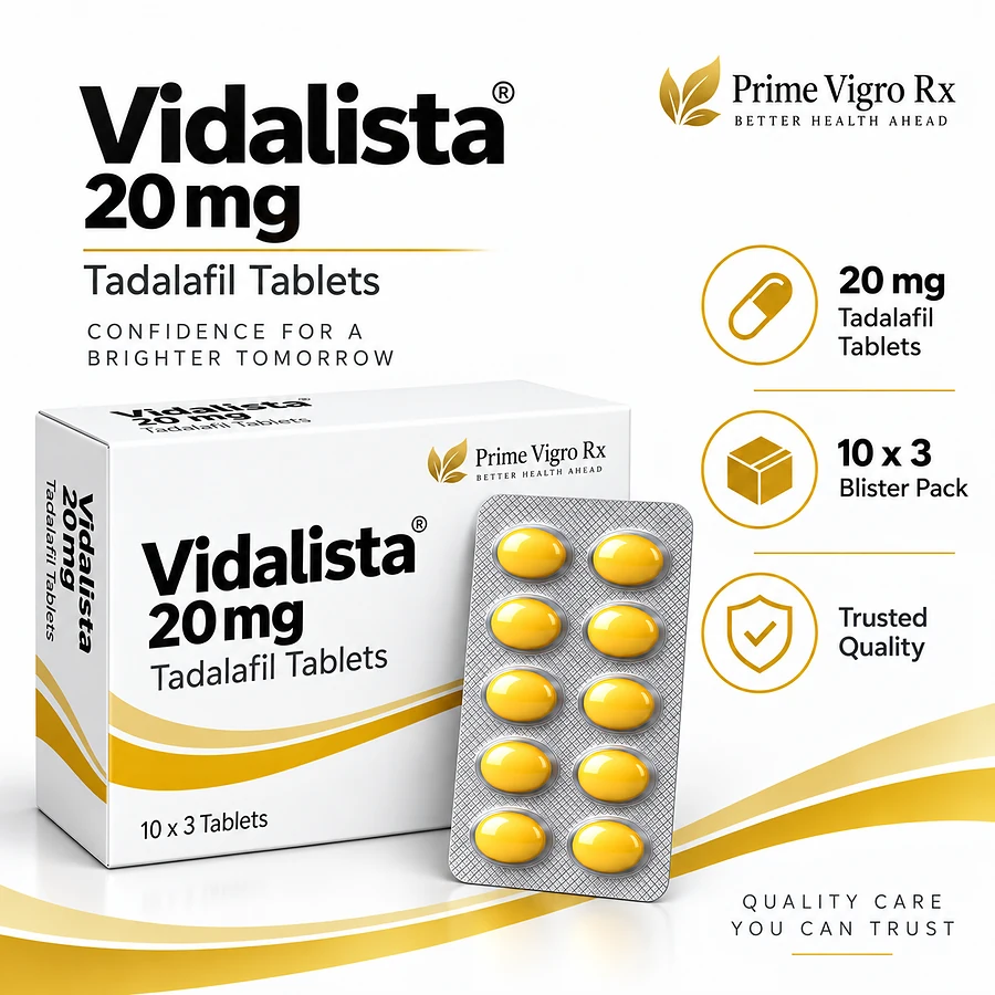 Vidalista 20mg tadalafil tablets product information with 10-tablet blister pack