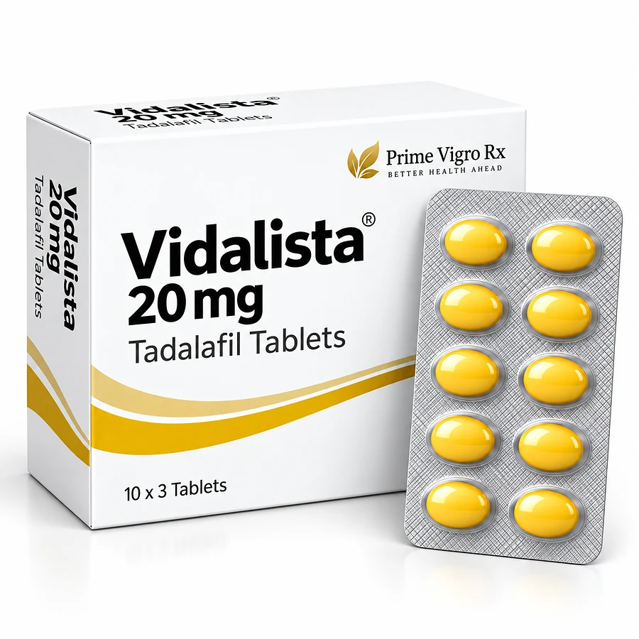 Vidalista 20mg tadalafil tablets product packshot with 10-tablet blister strip